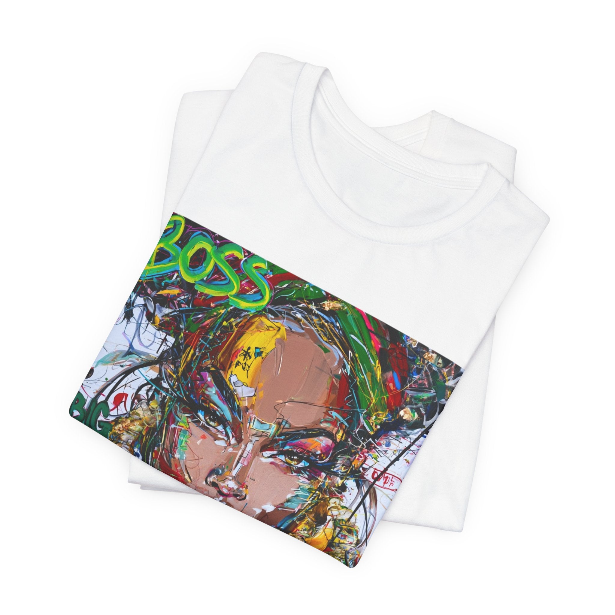 Graffiti Portrait Tee — Colorful 'Boss' Street Art Woman T-Shirt