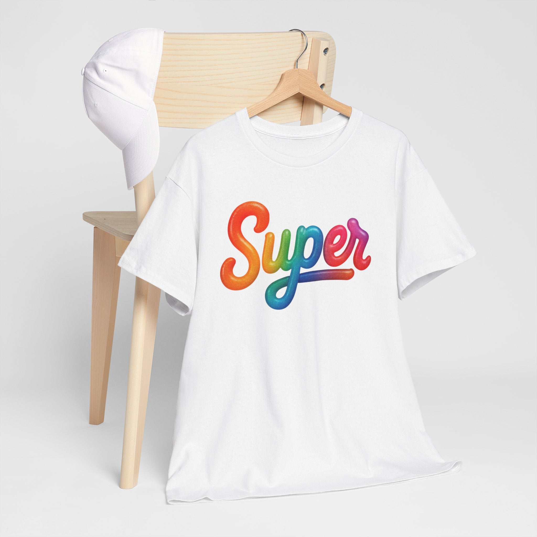 Colorful 'Super' Unisex Heavy Cotton Tee - Casual T-Shirt, Streetwear, Gift for Him/Her, Everyday Wear, Rainbow Design
