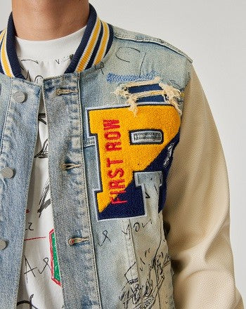 EM Hand Drawing Leather Sleeves Denim Varsity Jacket - ShopEbonyMonique