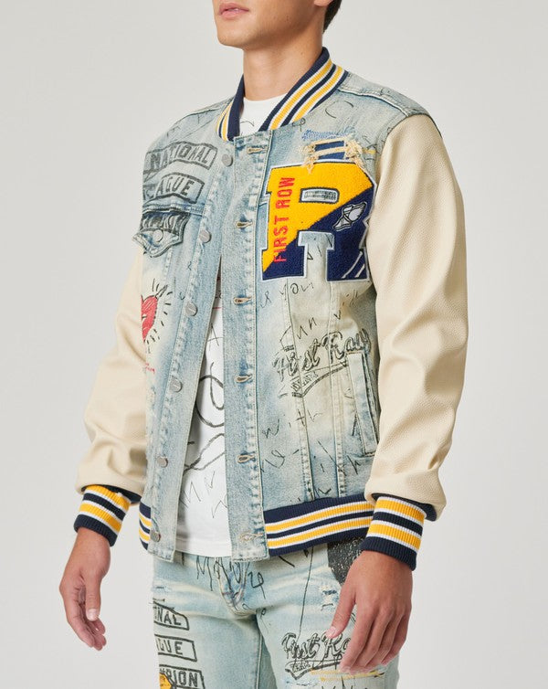 EM Hand Drawing Leather Sleeves Denim Varsity Jacket - ShopEbonyMonique