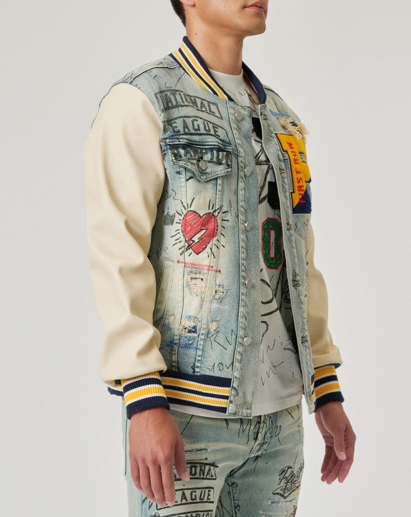 EM Hand Drawing Leather Sleeves Denim Varsity Jacket - ShopEbonyMonique