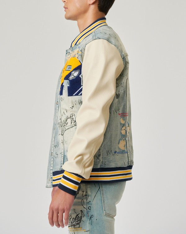 EM Hand Drawing Leather Sleeves Denim Varsity Jacket - ShopEbonyMonique