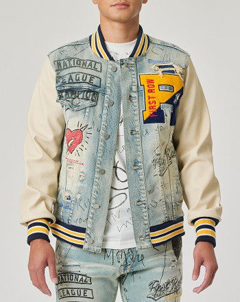 EM Hand Drawing Leather Sleeves Denim Varsity Jacket - ShopEbonyMonique