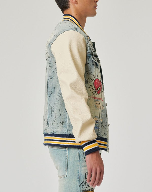 EM Hand Drawing Leather Sleeves Denim Varsity Jacket - ShopEbonyMonique