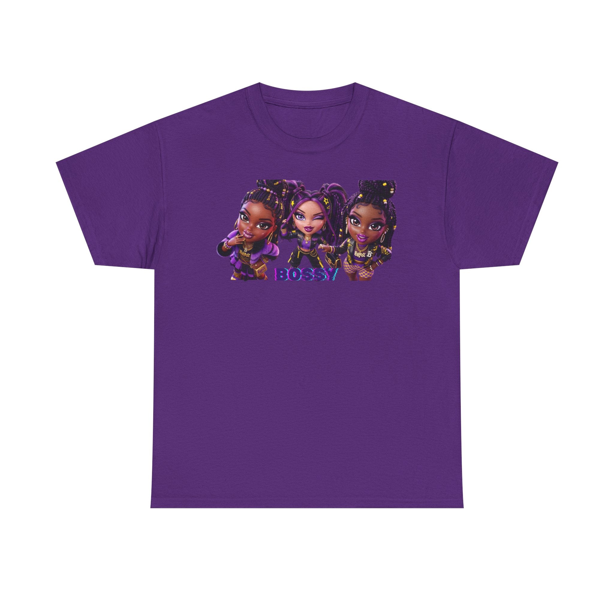 BOSSY Girl Crew Tee — Cute Purple Chibi Trio Graphic T‑Shirt