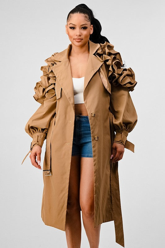 EM FALL TRANSTION FLORAL SLEEVE TRENCH COAT