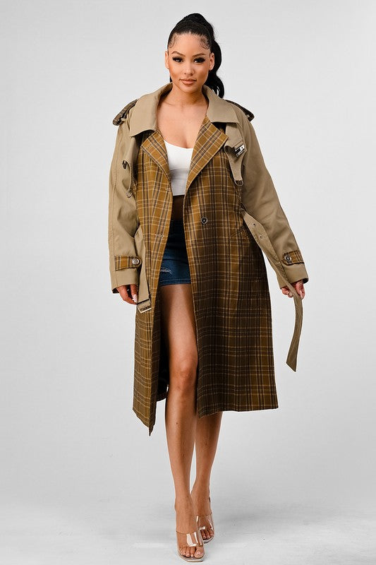 EM PLAID AND KHAKI CONTRAST TRENCH COAT - ShopEbonyMonique