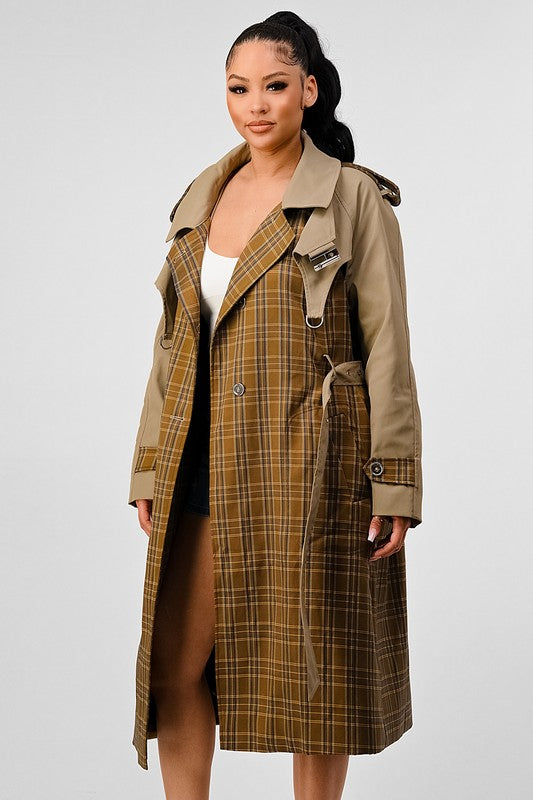 EM PLAID AND KHAKI CONTRAST TRENCH COAT - ShopEbonyMonique