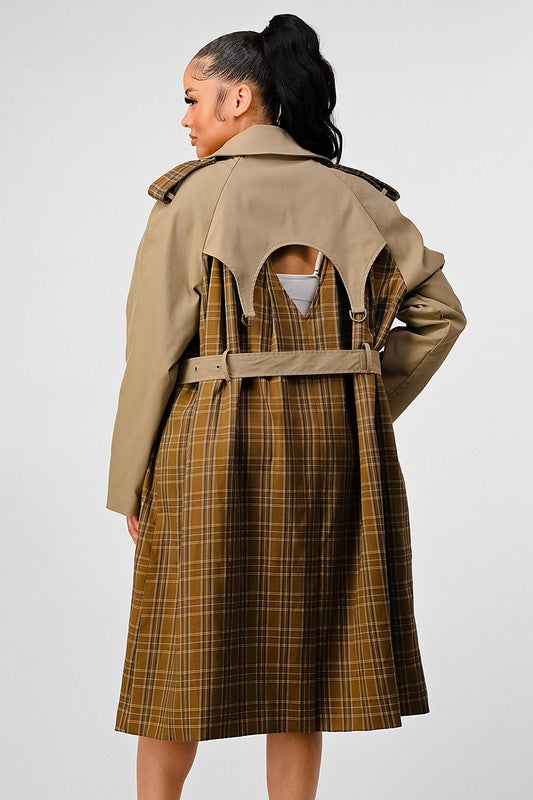 EM PLAID AND KHAKI CONTRAST TRENCH COAT - ShopEbonyMonique