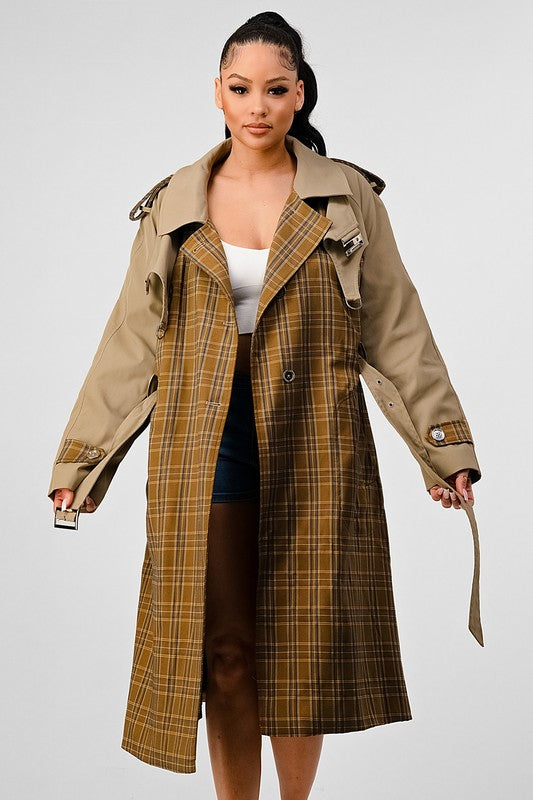 EM PLAID AND KHAKI CONTRAST TRENCH COAT - ShopEbonyMonique