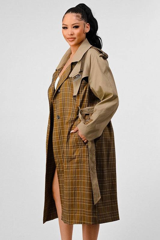 EM PLAID AND KHAKI CONTRAST TRENCH COAT - ShopEbonyMonique