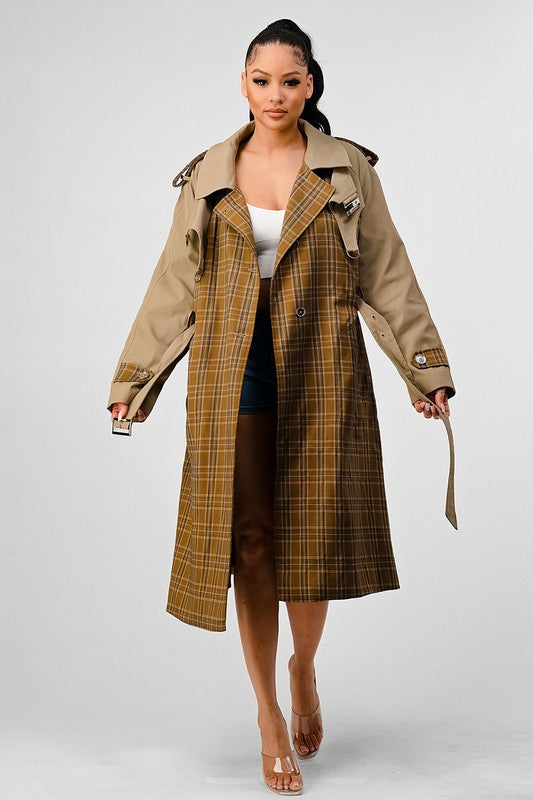 EM PLAID AND KHAKI CONTRAST TRENCH COAT - ShopEbonyMonique