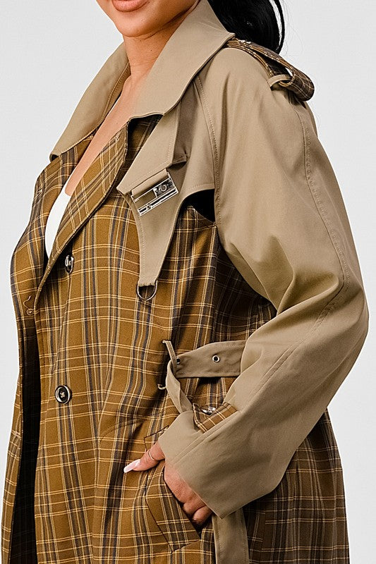 EM PLAID AND KHAKI CONTRAST TRENCH COAT - ShopEbonyMonique