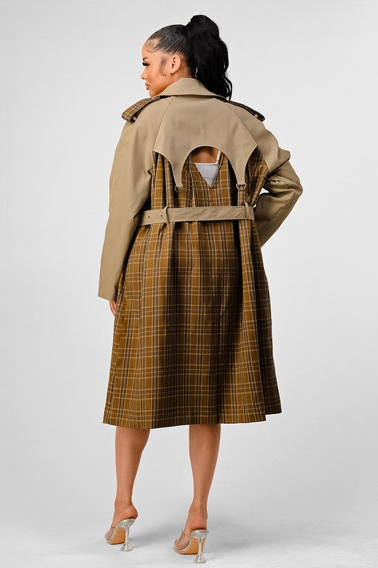 EM PLAID AND KHAKI CONTRAST TRENCH COAT - ShopEbonyMonique