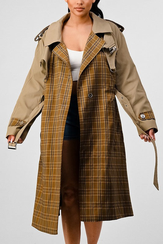 EM PLAID AND KHAKI CONTRAST TRENCH COAT - ShopEbonyMonique