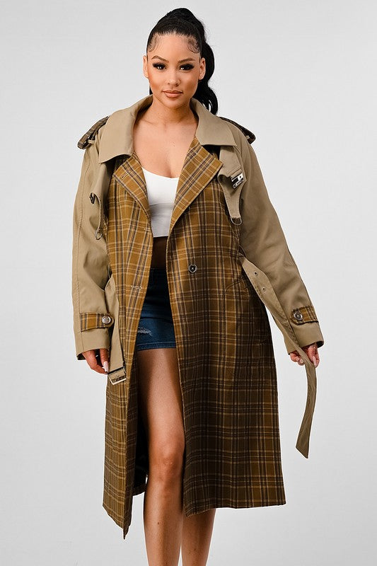 EM PLAID AND KHAKI CONTRAST TRENCH COAT - ShopEbonyMonique