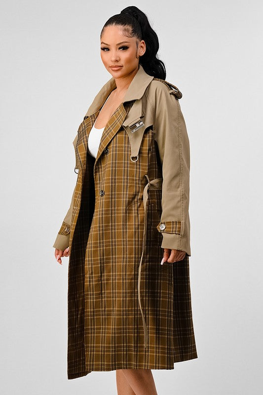 EM PLAID AND KHAKI CONTRAST TRENCH COAT - ShopEbonyMonique