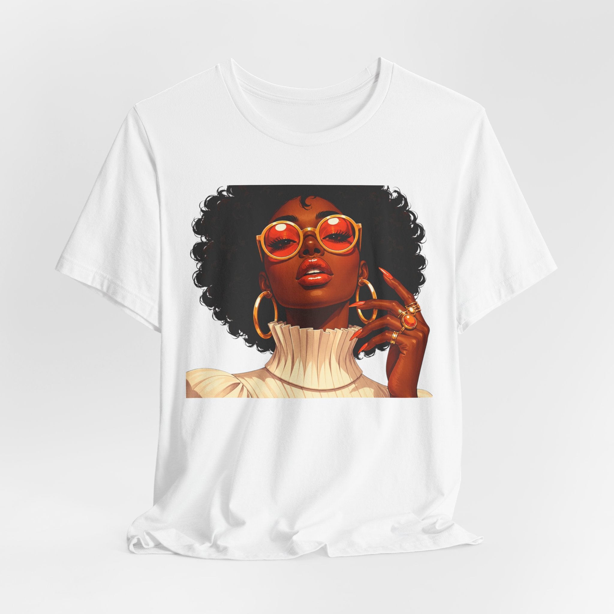 Afro Chic Portrait Tee — Retro Orange Sunglasses Art T-Shirt