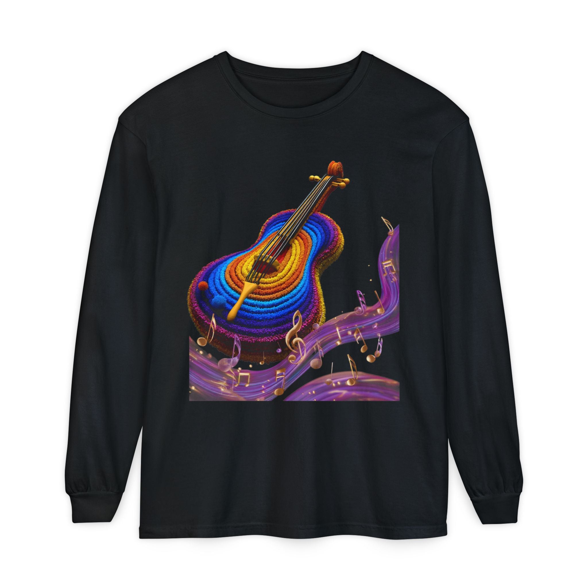 Rainbow Acoustic Guitar Long Sleeve Tee — Colorful Music Notes Shirt