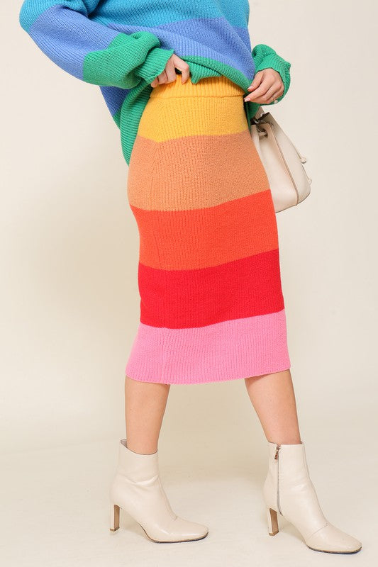High-Waisted Midi Sweater Multicolor Skirt