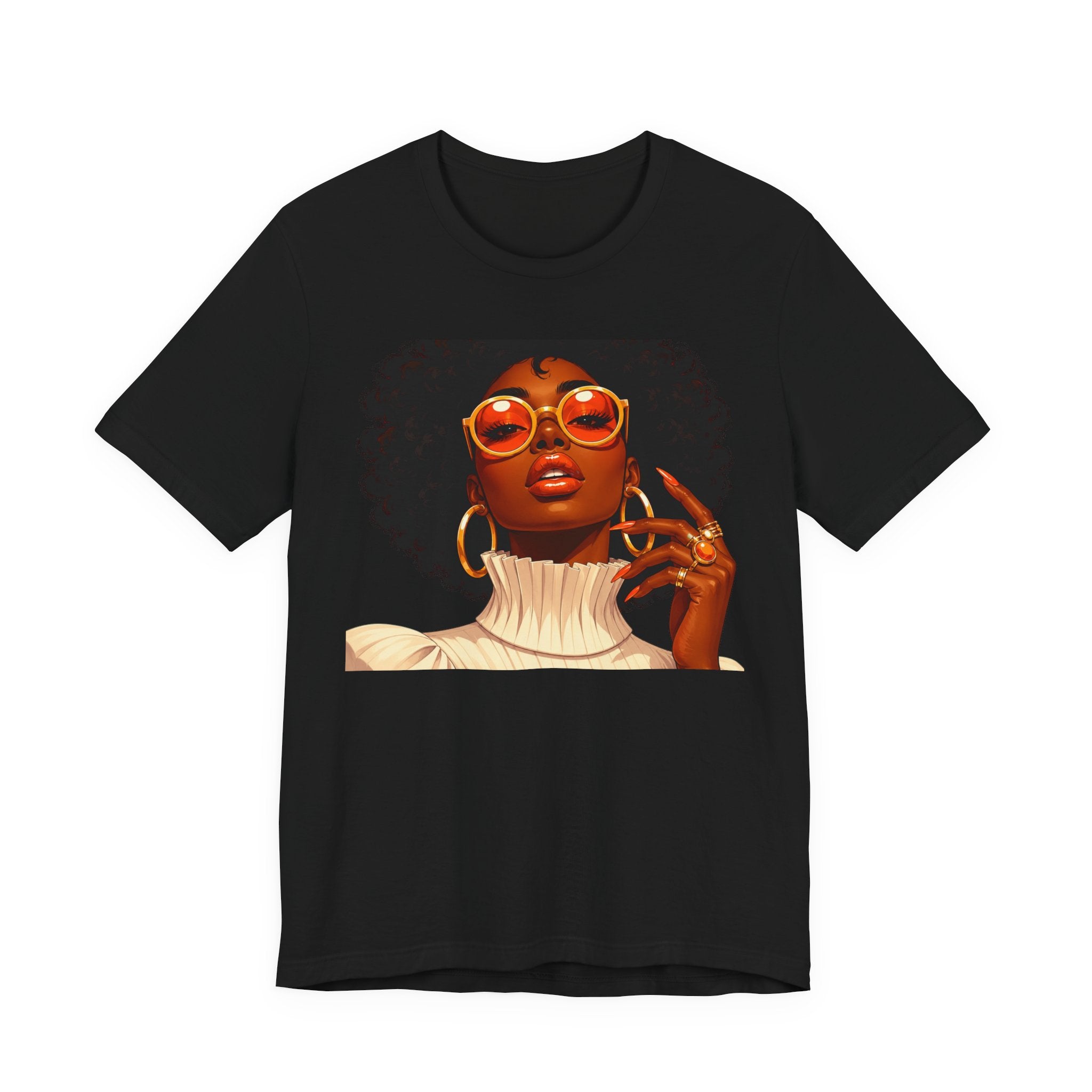 Afro Chic Portrait Tee — Retro Orange Sunglasses Art T-Shirt