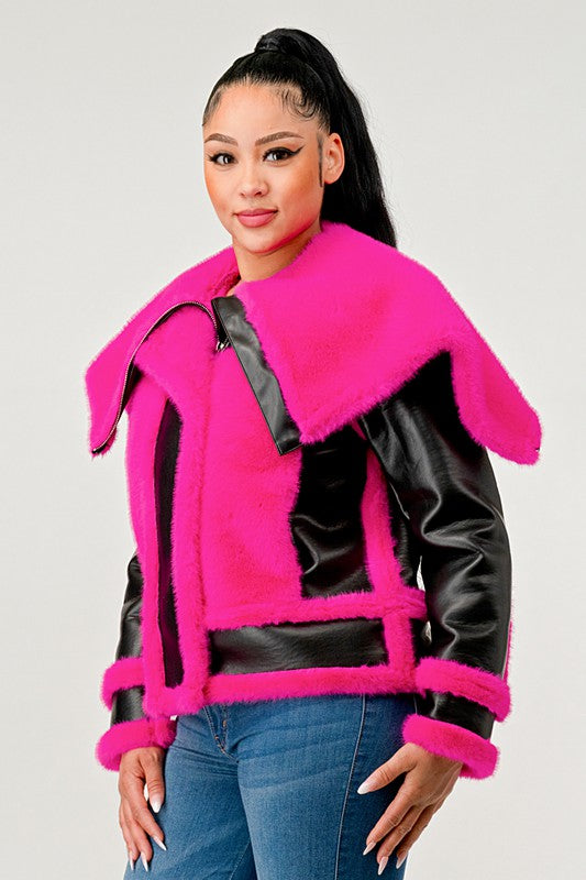 EM statement pink Faux Fur Aviator Jacket - ShopEbonyMonique