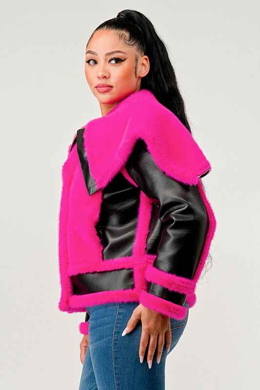 EM statement pink Faux Fur Aviator Jacket - ShopEbonyMonique