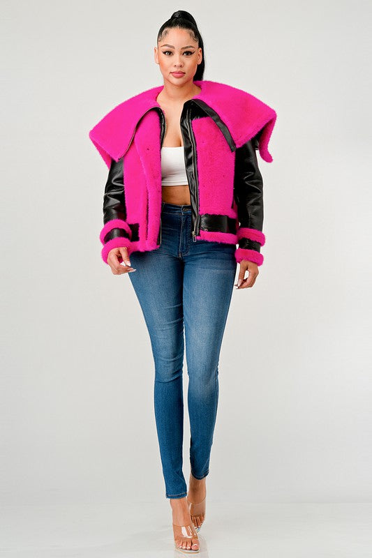 EM statement pink Faux Fur Aviator Jacket - ShopEbonyMonique