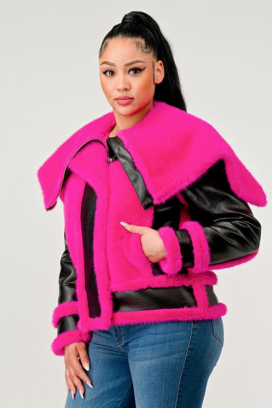 EM statement pink Faux Fur Aviator Jacket - ShopEbonyMonique