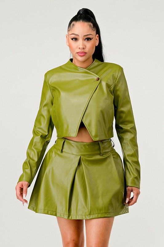 Button Up Pu Leather jacket and Skirt Set - ShopEbonyMonique