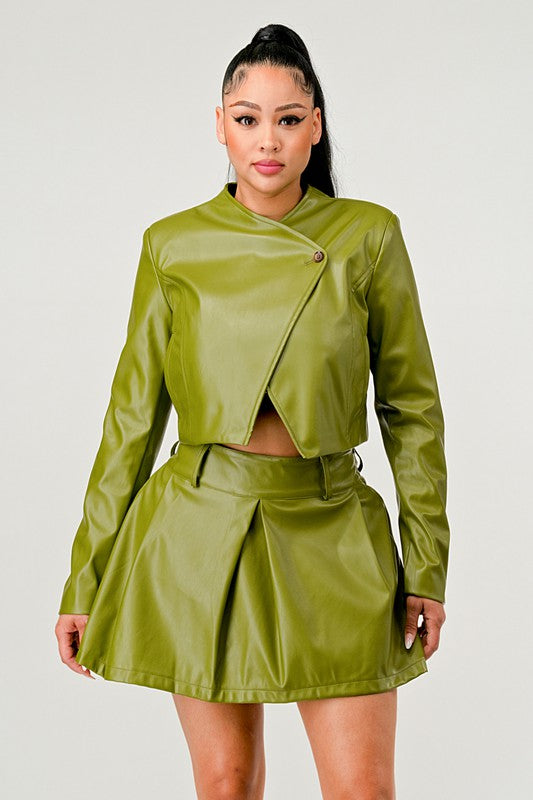 Button Up Pu Leather jacket and Skirt Set - ShopEbonyMonique