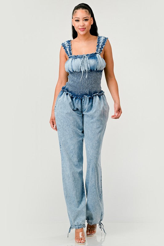 Chambray Charm Ruffled Jumpsuit - ShopEbonyMonique