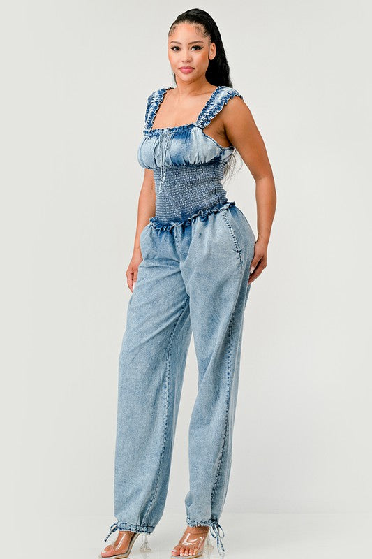 Chambray Charm Ruffled Jumpsuit - ShopEbonyMonique