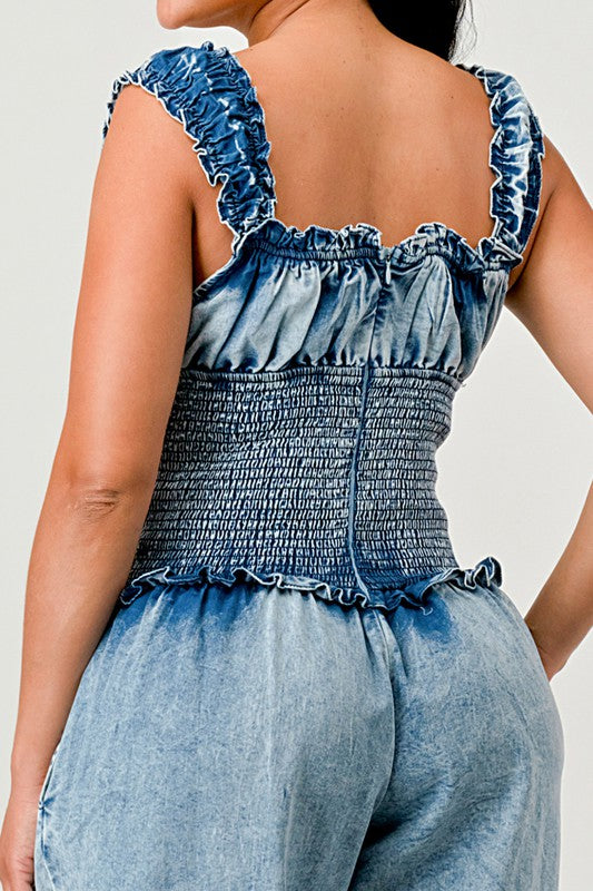 Chambray Charm Ruffled Jumpsuit - ShopEbonyMonique