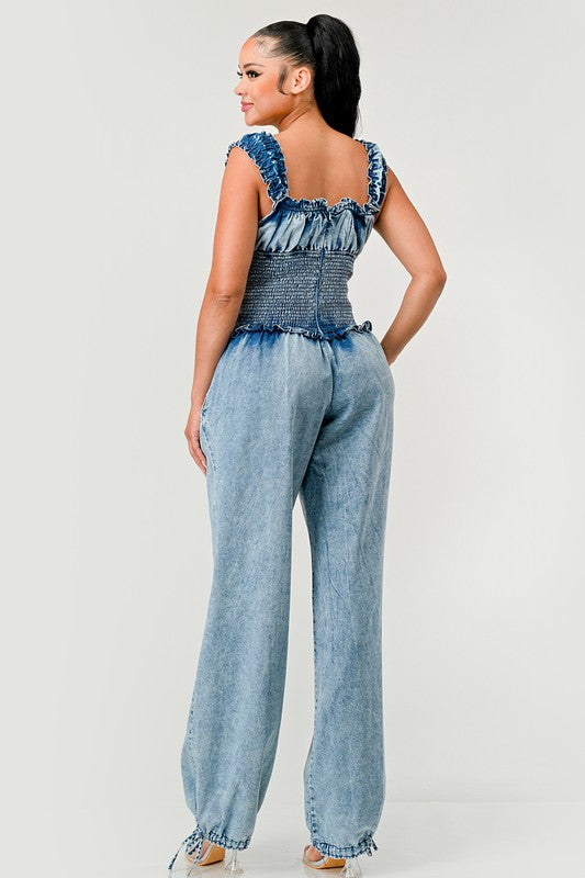 Chambray Charm Ruffled Jumpsuit - ShopEbonyMonique