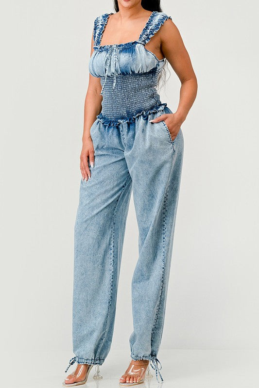 Chambray Charm Ruffled Jumpsuit - ShopEbonyMonique