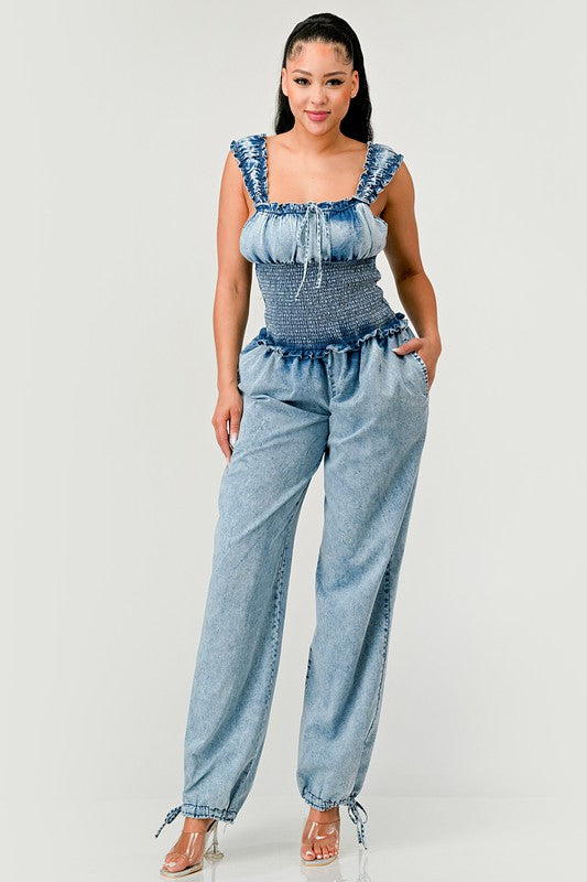 Chambray Charm Ruffled Jumpsuit - ShopEbonyMonique