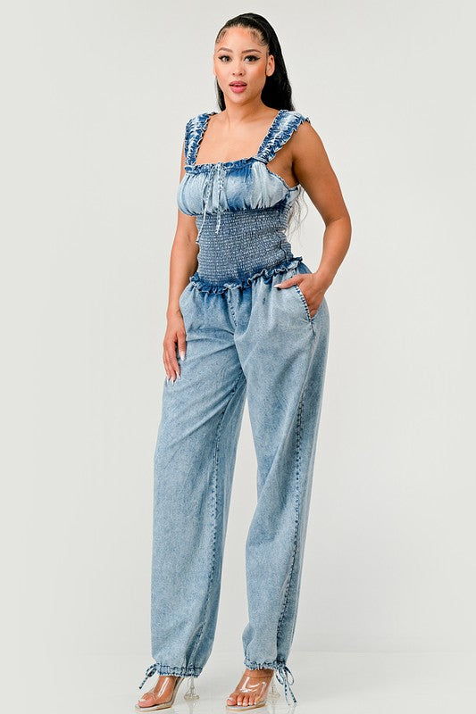 Chambray Charm Ruffled Jumpsuit - ShopEbonyMonique