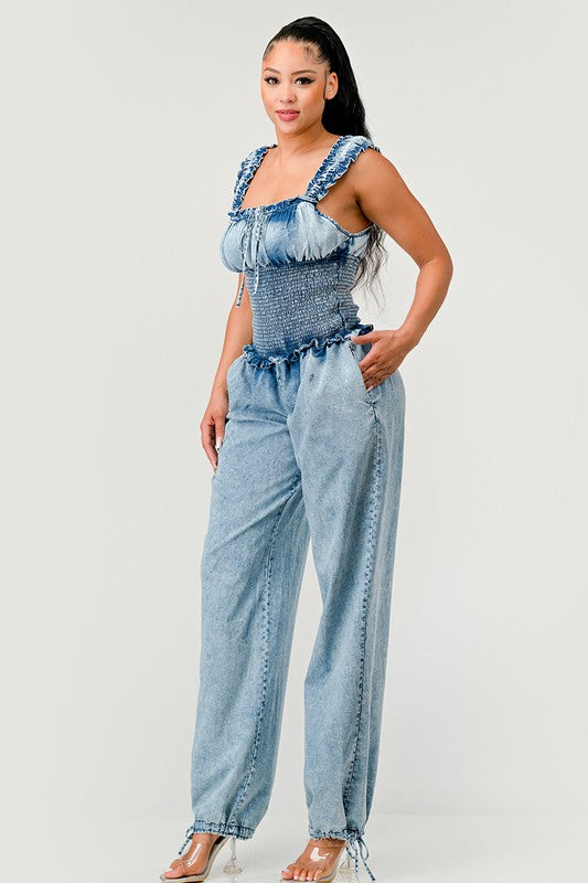 Chambray Charm Ruffled Jumpsuit - ShopEbonyMonique