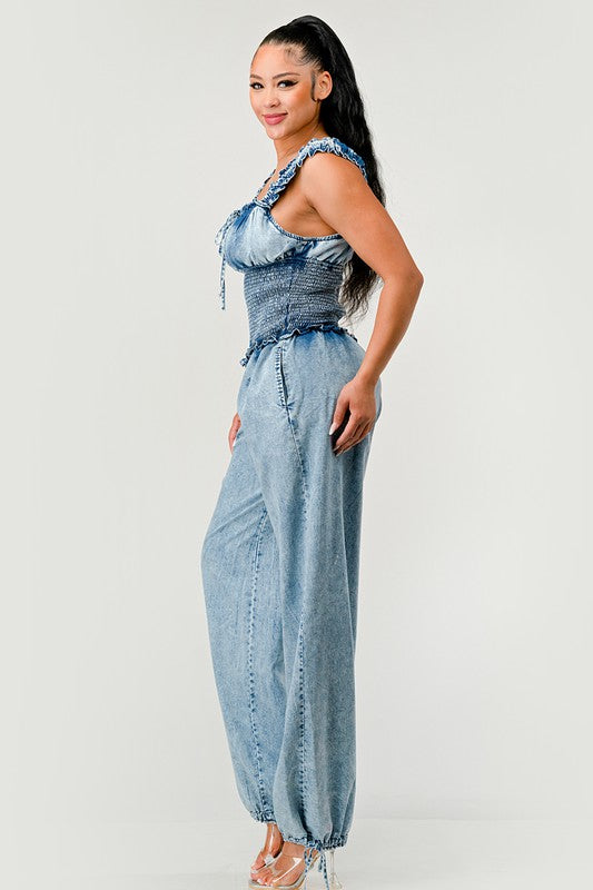 Chambray Charm Ruffled Jumpsuit - ShopEbonyMonique