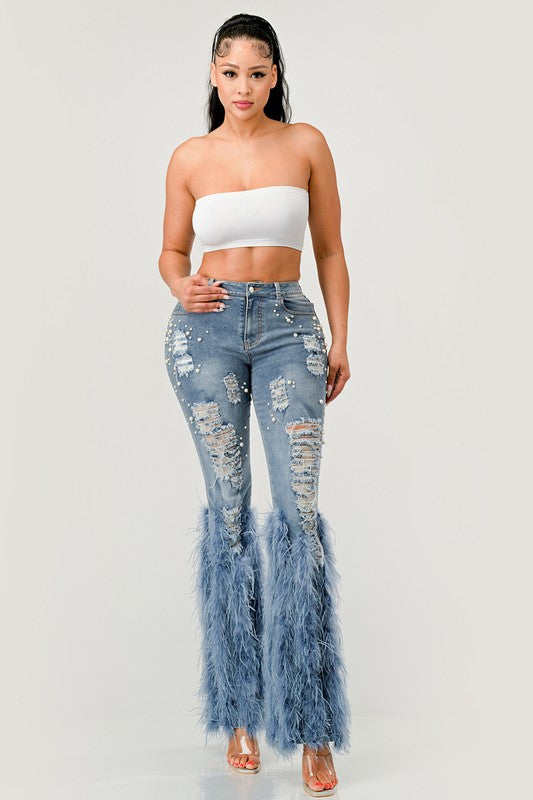 Distressed Pearl Embellished Feather Detail Jeans - ShopEbonyMonique