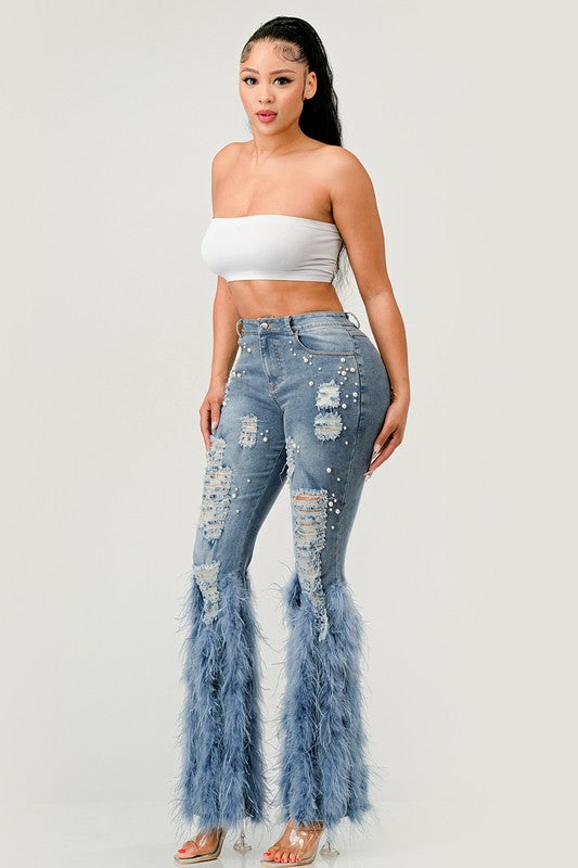 Distressed Pearl Embellished Feather Detail Jeans - ShopEbonyMonique