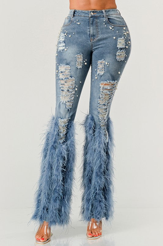 Distressed Pearl Embellished Feather Detail Jeans - ShopEbonyMonique