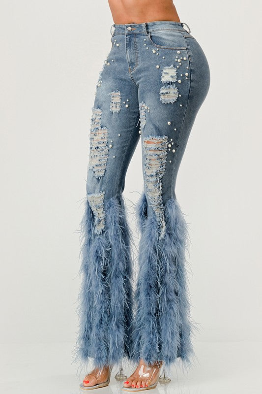 Distressed Pearl Embellished Feather Detail Jeans - ShopEbonyMonique