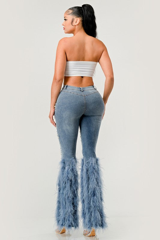 Distressed Pearl Embellished Feather Detail Jeans - ShopEbonyMonique