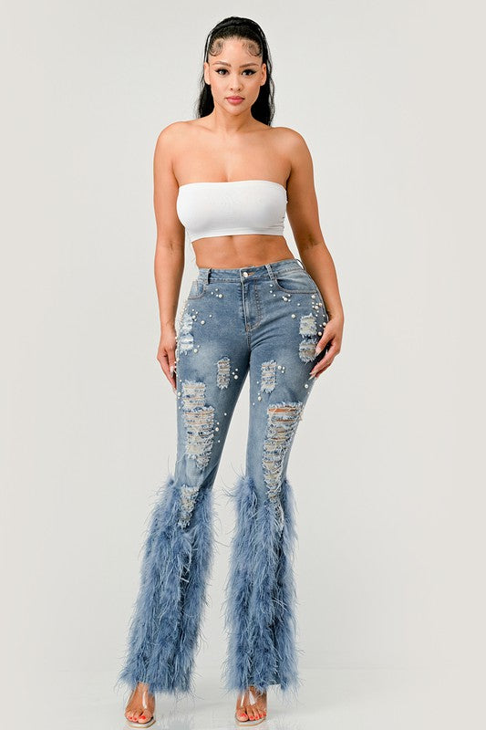 Distressed Pearl Embellished Feather Detail Jeans - ShopEbonyMonique