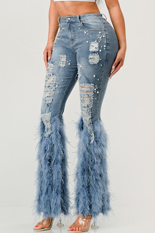 Distressed Pearl Embellished Feather Detail Jeans - ShopEbonyMonique