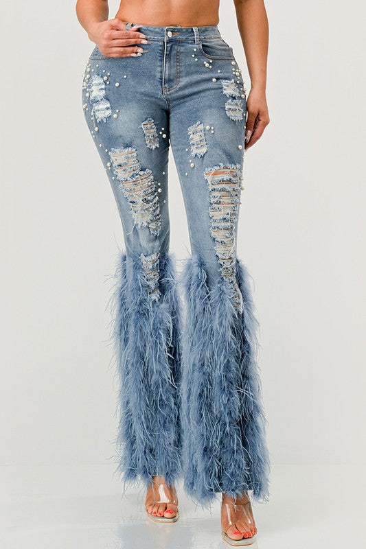 Distressed Pearl Embellished Feather Detail Jeans - ShopEbonyMonique