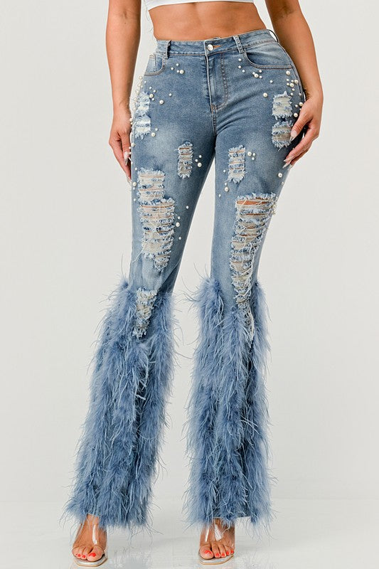 Distressed Pearl Embellished Feather Detail Jeans - ShopEbonyMonique