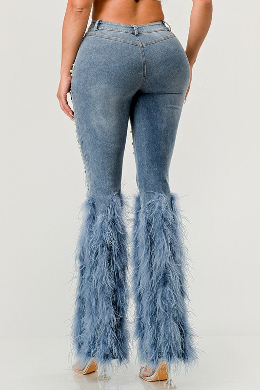 Distressed Pearl Embellished Feather Detail Jeans - ShopEbonyMonique